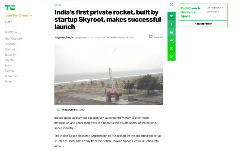 media article 20221122 skyroot launches indias first private rocket techcrunch aum ventures v2