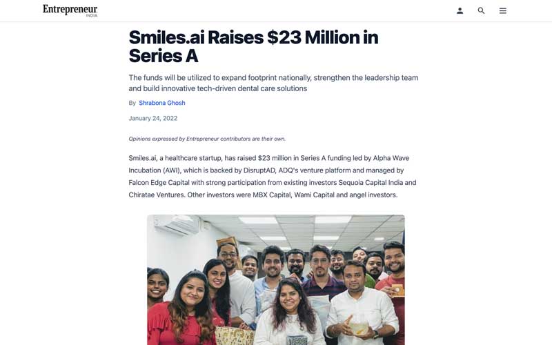 media article 20221122 smiles ai raises 23 million entrepreneur aum ventures v2